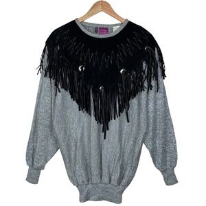 Vintage Western Leather Fringe Knit Sweater Cameo Rose Women L Concho Boho Rodeo